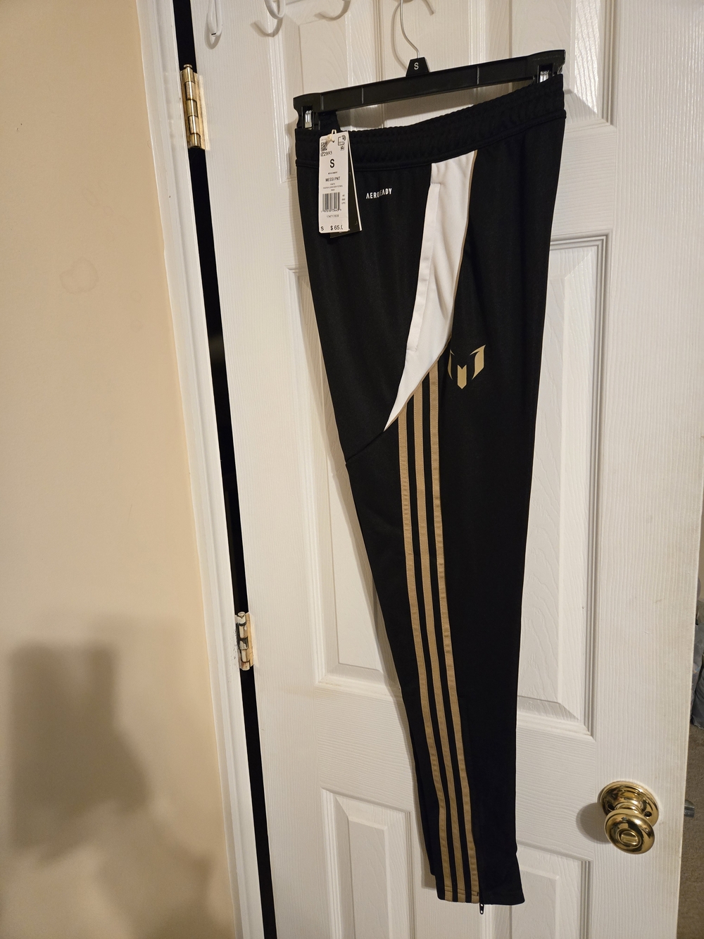 NWT Adidas Messi Black Track Pants with Gold Stripes